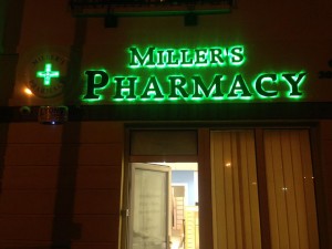 Miller's Pharmacy Waterford Sign Night 2